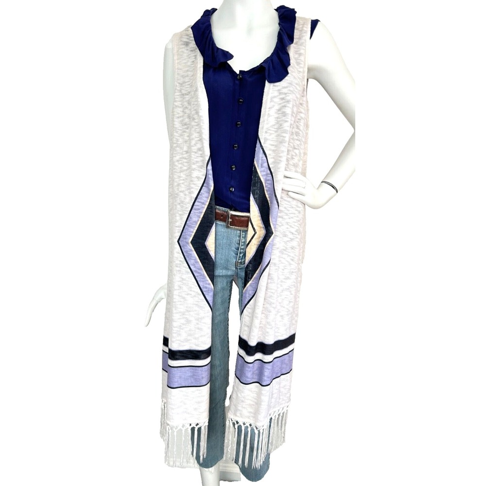 NEW Vicki Wayne Boho SW Vest Open Front Fringe Duster Diamond Sleeveless White M - Picture 10 of 10